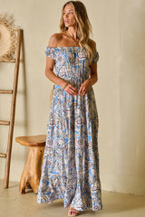 Blue Off Shoulder Paisley Print Bohemian Maxi Dress