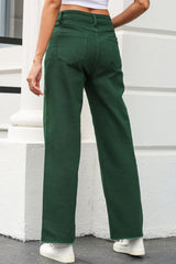 Jean droit vert à taille croisée et ourlet brut