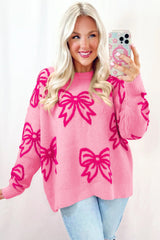 Pink full pink sweater with drooping shoulders and knot pattern