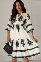 Beige loose midi dress with western geometric print and 3/4 sleeves