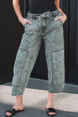 Pantalon en denim gris délavé à l'acide avec lien à la taille