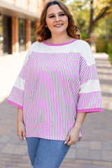 Plus Size Pink Striped Patchwork Bracelet Sleeve T-Shirt