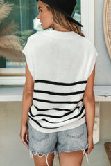 White stripe and half-zip t-shirt with rising collar and slit
