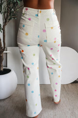 White High Waist Polka Dot Straight Leg Casual Jeans