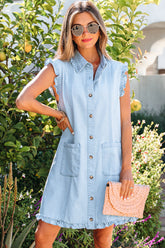 Robe courte en jean bleu à col, bords volantés et poches