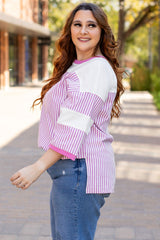 Plus Size Pink Striped Patchwork Bracelet Sleeve T-Shirt