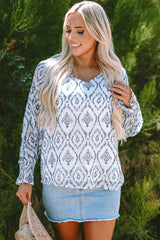 Chemisier bleu ciel à imprimé géométrique froncé à manches bouffantes et col en V-A WOMAN WE LOVE