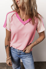 Pink T-shirt with V-neck and exposed seams