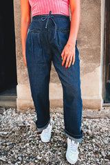 Pantalon en denim ample à carreaux bleu voile avec panneau latéral et cordon de serrage