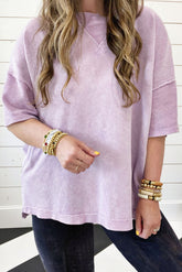 Orchid Petal Plus Mineral Wash Drop Sleeve Patchwork T-Shirt