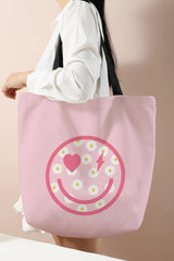 Grand sac cabas rose à imprimé smileys et marguerites
