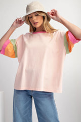 Oversize pink high with sleeves and round neck with contrasting seams