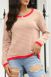 Brown sweater with dropped shoulders and stripes with contrasting edges