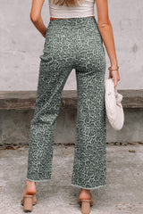 Jean taille haute à jambe large et bord effiloché léopard gris