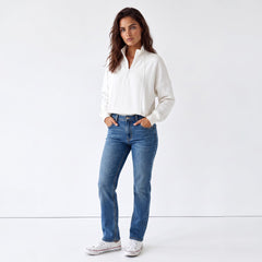 Sweat-shirt blanc à col zippé et épaules tombantes