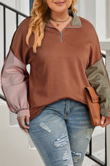 Gold Flame - Plus Size 1/4 Zip Exposed Seam Colorblock Sweatshirt