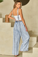 Beau Blue Frayed Wide Leg Denim Overalls, Light Wash, Exposed Seams