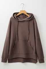 Oversized High Low Fleece Lined Waffle Knit Hoodie Coffee