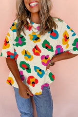 Camiseta de gran tamaño Apricot de leopardo impreso con hombros caídos