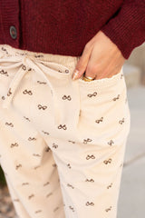 Pantalon ample en velours côtelé à taille élastique beige