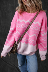 Sweater rosa de hombro rosa geométrico occidental occidental