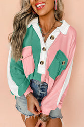 Pink oversized sweatshirt with ribbed collar and color block
