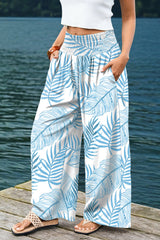 Pantalon large bleu ciel à ceinture froncée et imprimé botanique
