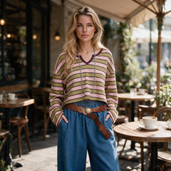 Long sleeve top with notched collar in spinach green contrast stripes and waffle texture