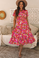 Long dress with pink flowers, short sleeves, smocked waist