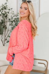 Apricot Pink Oversized Floral Jacquard V-Neck Long Sleeve Top