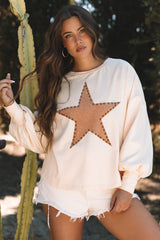 Apricot Studded Star Pattern Long Sleeve Oversized Top