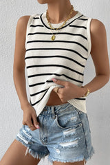 Chaleco de suéter de cuello redondo a rayas blancas