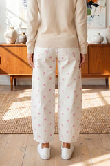Jean baril à pois et coutures travaillées, rose, bleu ou marron