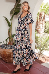 Robe longue bleue à manches courtes, taille haute