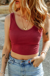 Racing Red Ribbed Knit Sleeveless Crop Top