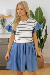 Black mini-ride with stripes and flies in Denim Patchwork in Round Col