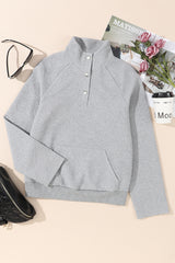Light Grey Textured Knit Button-Down Sweatshirt with Kangaroo Pocket