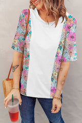 White high with short sleeves and floral print patchwork