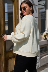 Plus Size Solid Color Waffle Knit White Drop Shoulder Sweatshirt