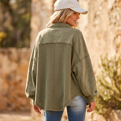 Moss Green Waffle Knit Button-Up Oversized Jacket