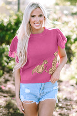 Séter de tejido de cuello redondo y mangas de volantes de leopardo rosa