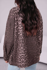 Khaki 100% Cotton Oversized Leopard Print Long Sleeve Patch Pocket Denim Jacket