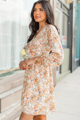 Yellow Floral V-Neck Ruffle Empire Waist Long Sleeve Boho Mini Dress