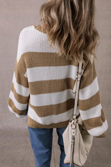 Light beige color block striped sweater with dropped shoulders and side slit