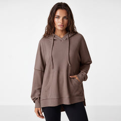 Oversized High Low Fleece Lined Waffle Knit Hoodie Coffee