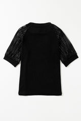 Black ribbed t-shirt with striped and round-colored mesh sleeves