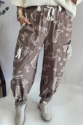 Pantalon vintage à cordon de serrage imprimé marron