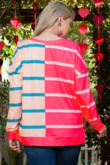 Plus Size Pink Striped Crew Neck Long Sleeve T-Shirt