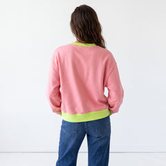 Pink bubble sleeve color block sweatshirt