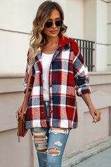 Bright red hooded jacket checkered buttoned on the front